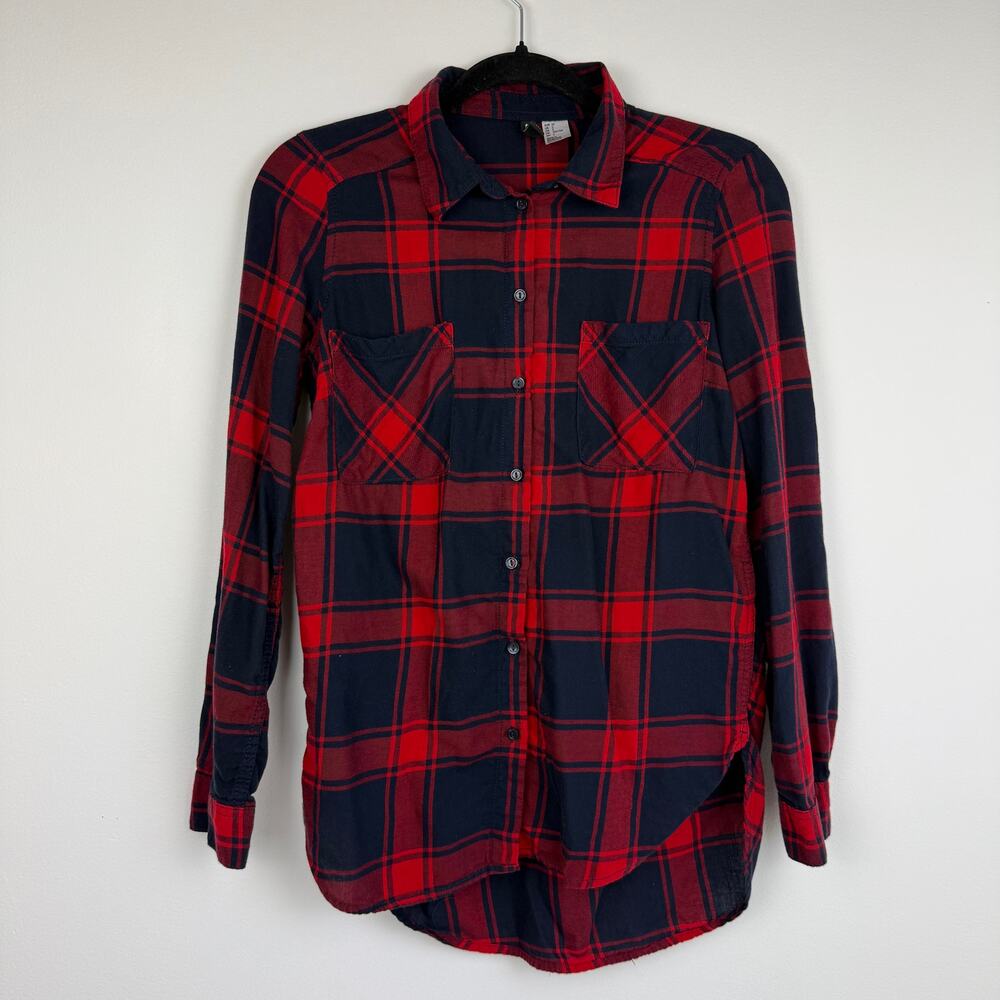 H&M Womens Button-Up Chest Pockets Cotton Long Sleeve Red/Navy Plaid Shirt 2